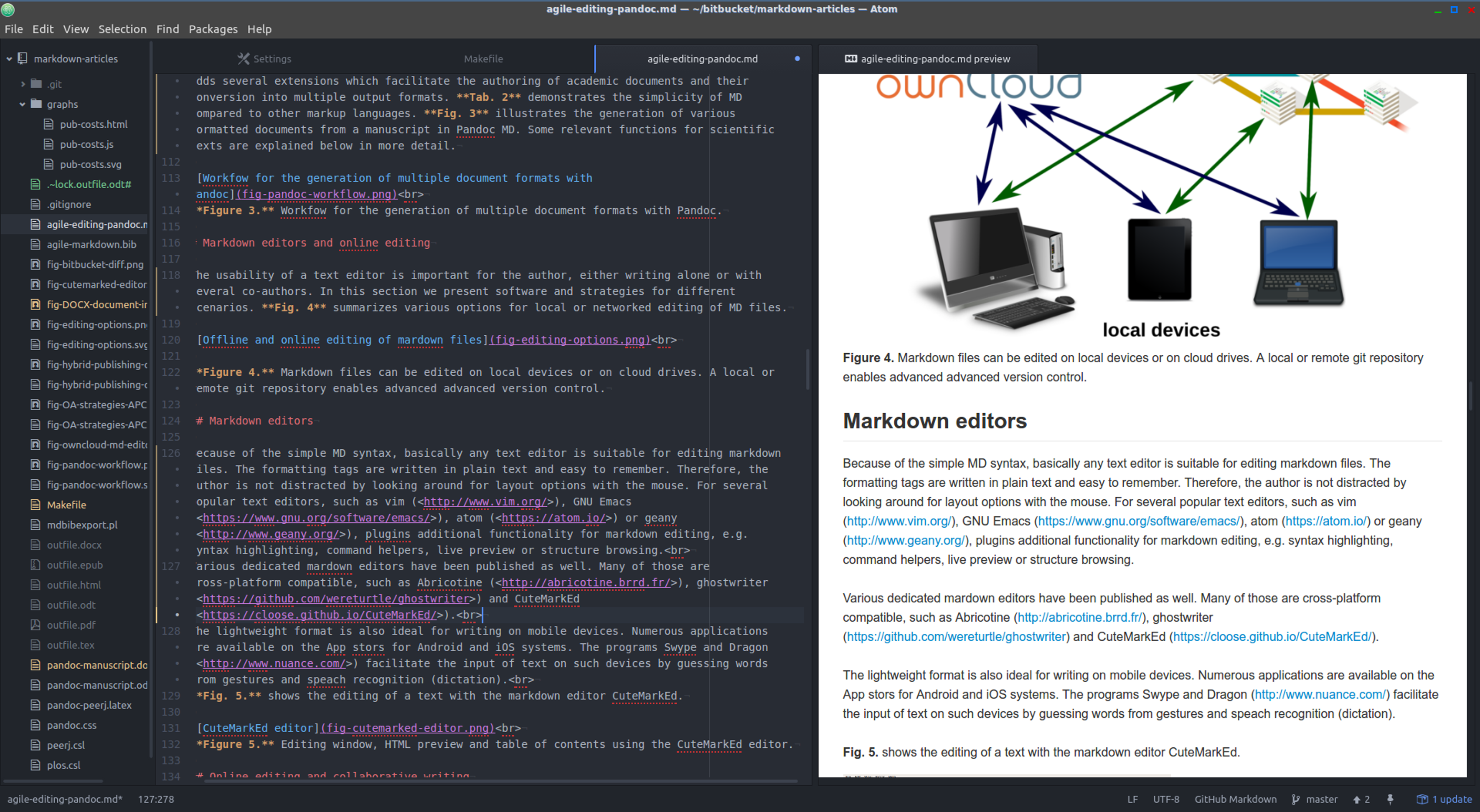 Document directory tree, editing window and HTML preview using the Atom editor.